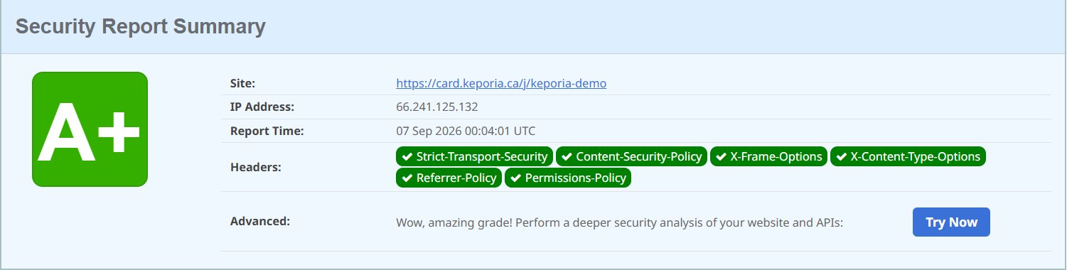 securityheaders.com result for card.keporia.ca, the card system customers use: grade A+, all six protections present. Scanned 7 September 2026.